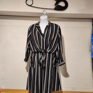 Monteau Black and Cream Striped Midi Dress